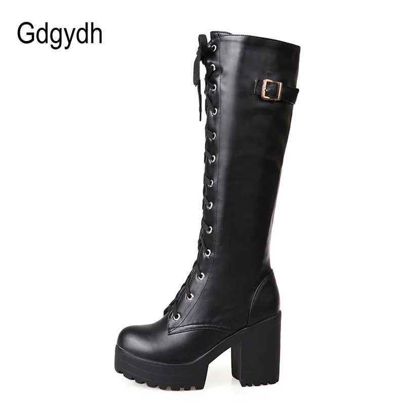 Gdgydh Hot Sale Spring Autumn Lacing Knee High Boots Women Fashion White Square Heel Woman Leather Shoes Winter PU Large Size 43 Z251029