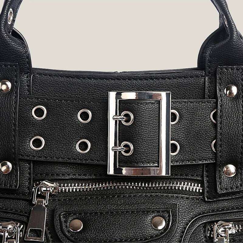 Women Black Goth Fashion Woman Ladies Moto and Biker Style Shoulder Rivet Belt Large Capacity Tote Bag