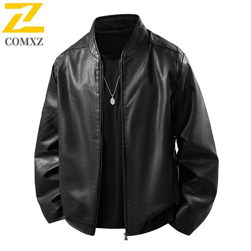 COMXZ Outdoor Sport Leather Jacket Youth Winter Waterproof Windproof Slim Men Coat Solid Color Motorcycle Stand Collar PU Top 251023