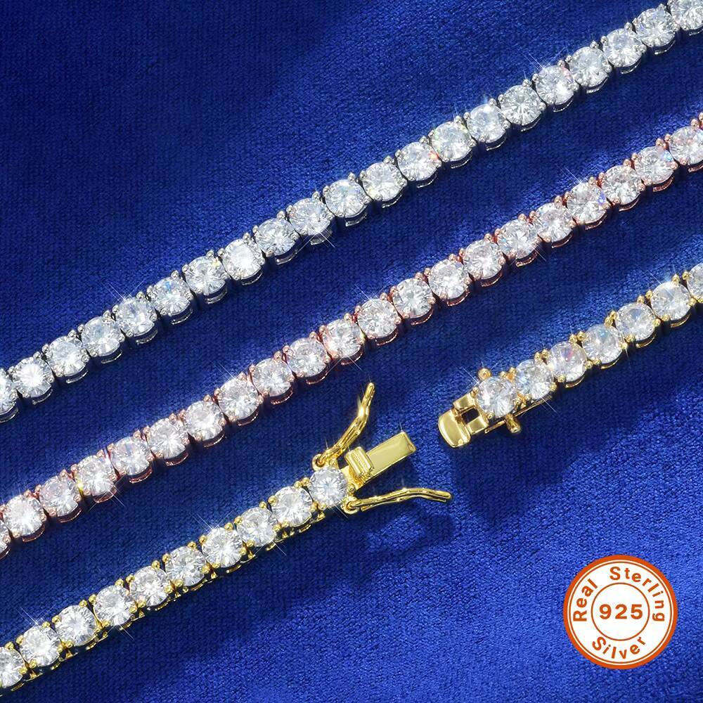 Unisex Fashion 4mm VVS Moissanite Diamond Tennis Bracelet Womens Men Gold 925 Sterling Silver Lab Grown Mossanite Necklace