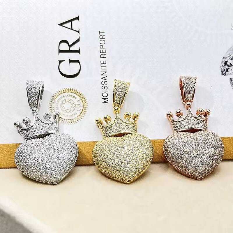 Hip Hop 925 Sterling Silver Bling Iced GRA VVS Moissanite Crown Heart Pendant Pass Diamond Tester Jewelry for Men and Women