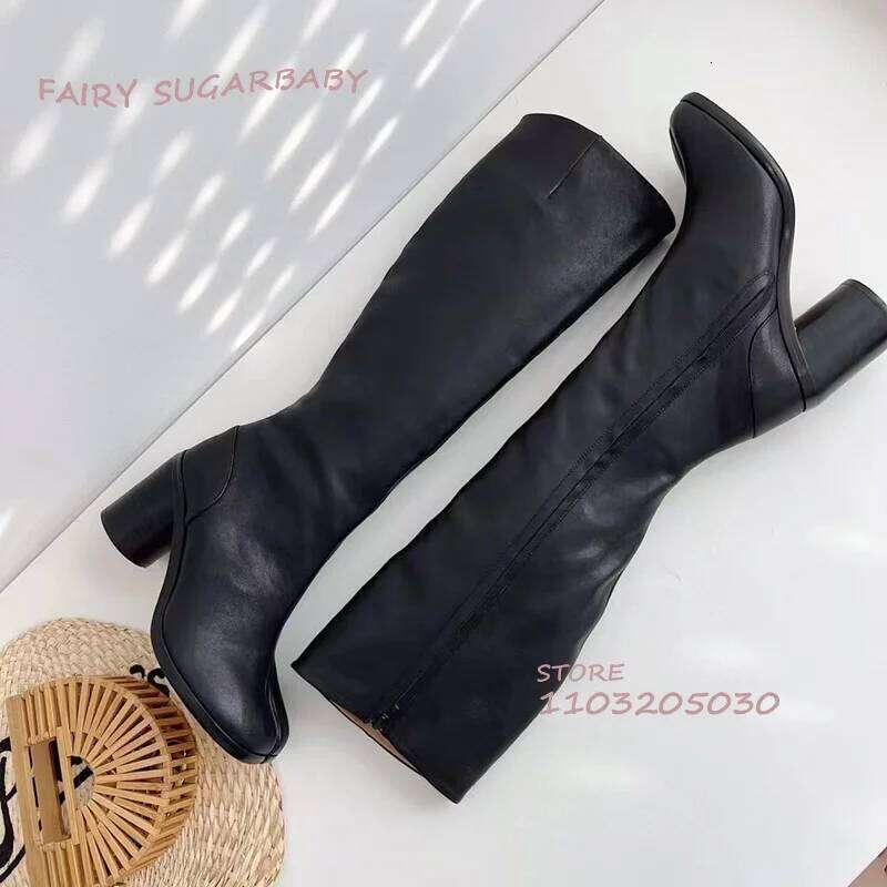 Black Loose Long Tabi Boots Women High Round Heels Zipper Leather Booties Knee Versatile Spring Girls Matte Casual Shoe British