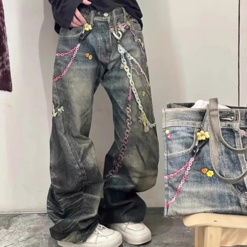 Casual American Hiphop Washing Jeans Candy Chain 3D Printed Super Large Straight Wideleg Pants Men Fashion Clothing Women 251029