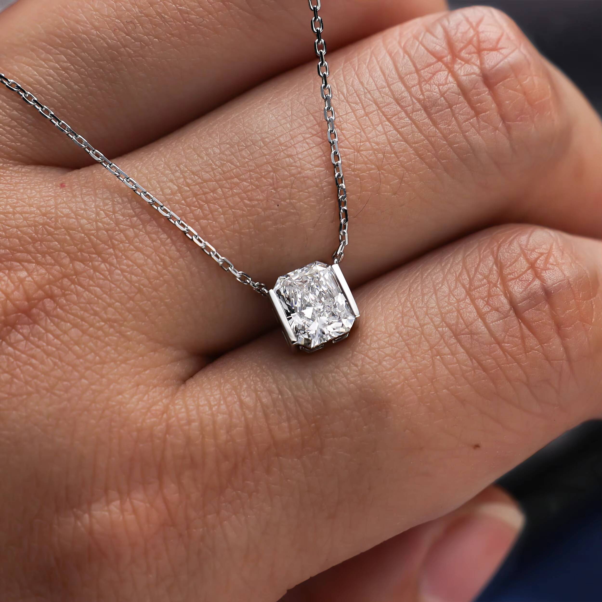 Radiant Cut Moissanite Diamond Necklace S925 Plated 18K White Gold Color Dainty Minimalist Style Jewelry
