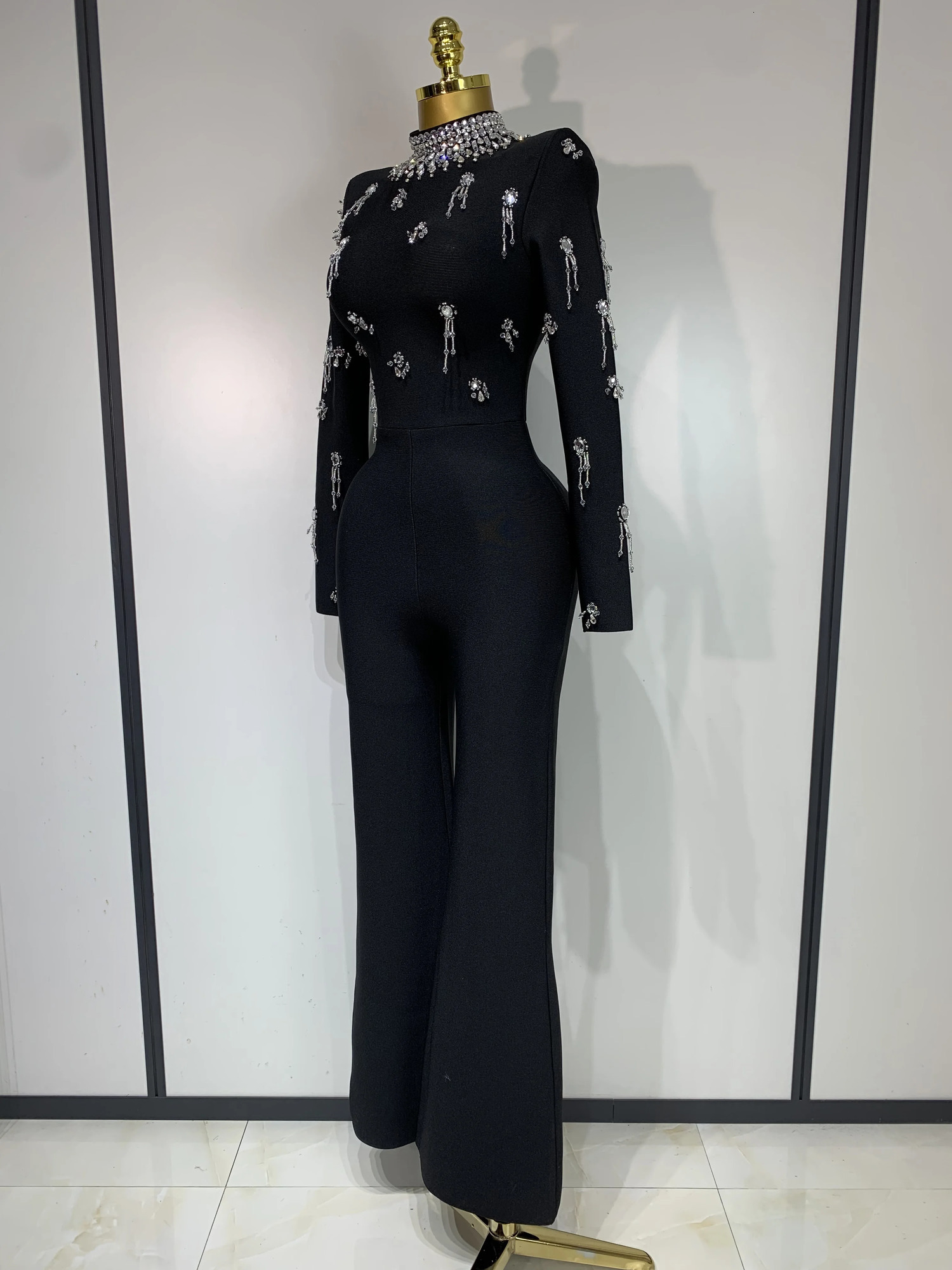 Sparkly Diamonds Long Sleeve Black Bodycom Bandage Jumpsuit Fashion Woman Evening Party Elegant y Birthday Rompers 251027