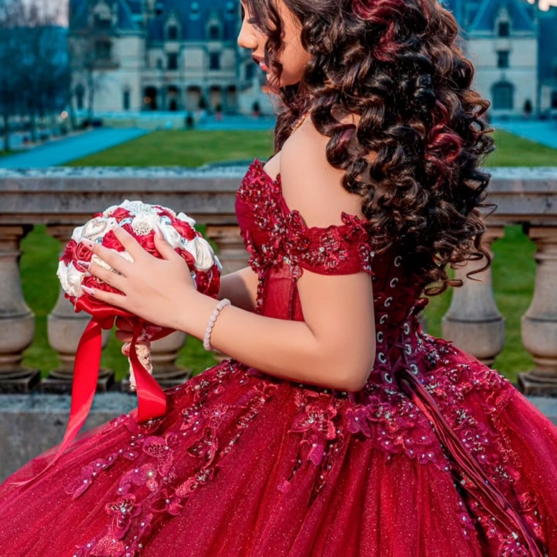 Red Shiny Quinceanera Dresses Off The Shoulder Applique Bow Beading Crystal Party Birthday Sweet 16 Dress Vestidos 15 Anos