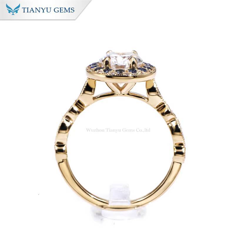 Tianyu Gems 79mm Oval Hearts and Arrows Cut Moissanite D VVS1 and Sapphire halo 14k Yellow Gold Ring for Women Wedding