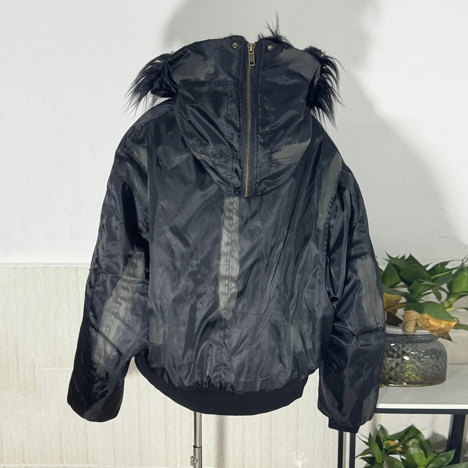 PFNW Winter Oversized Black Cottonpadded Coat Mens Trend Tiedye Print Fur Collar Zipper Hooded Quilted Padded Jackets 251028