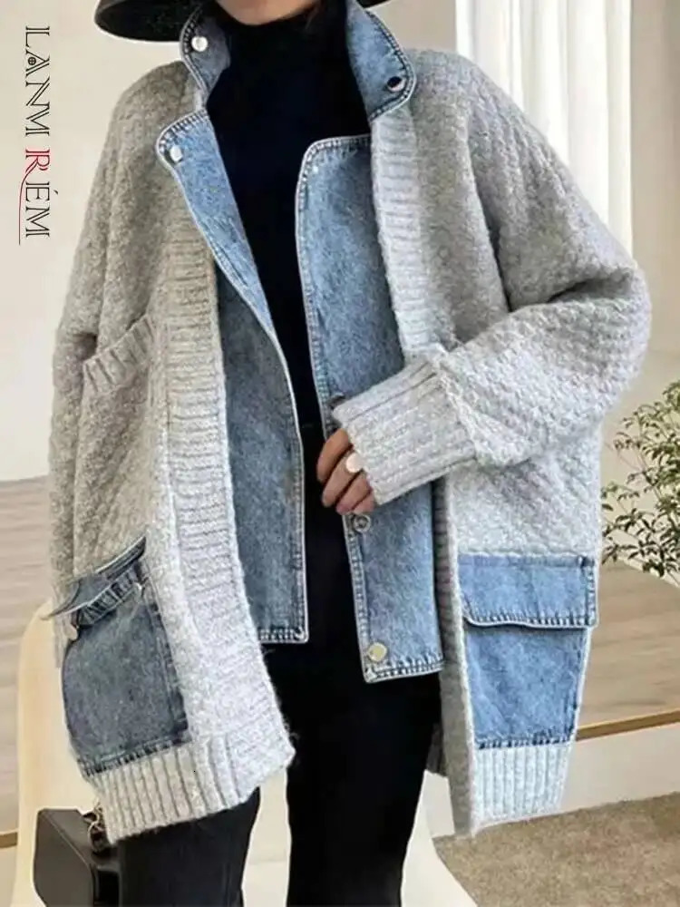 LANMREM Denim Patchwork Knitted Sweaters Women Single Breasted Loose Irregular Cardigan Female Clothing Autumn Winter 2DA9204 251029