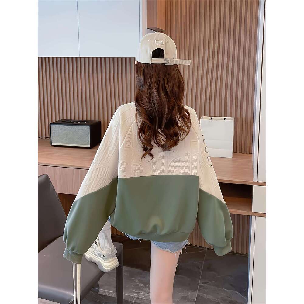 Embroidered Sweatshirt Embroidered Lettering Women S Casual Crew Neck Sweatshirt Beige Green Contrast Color Textured Fabric Long Sleeves Fall Winter