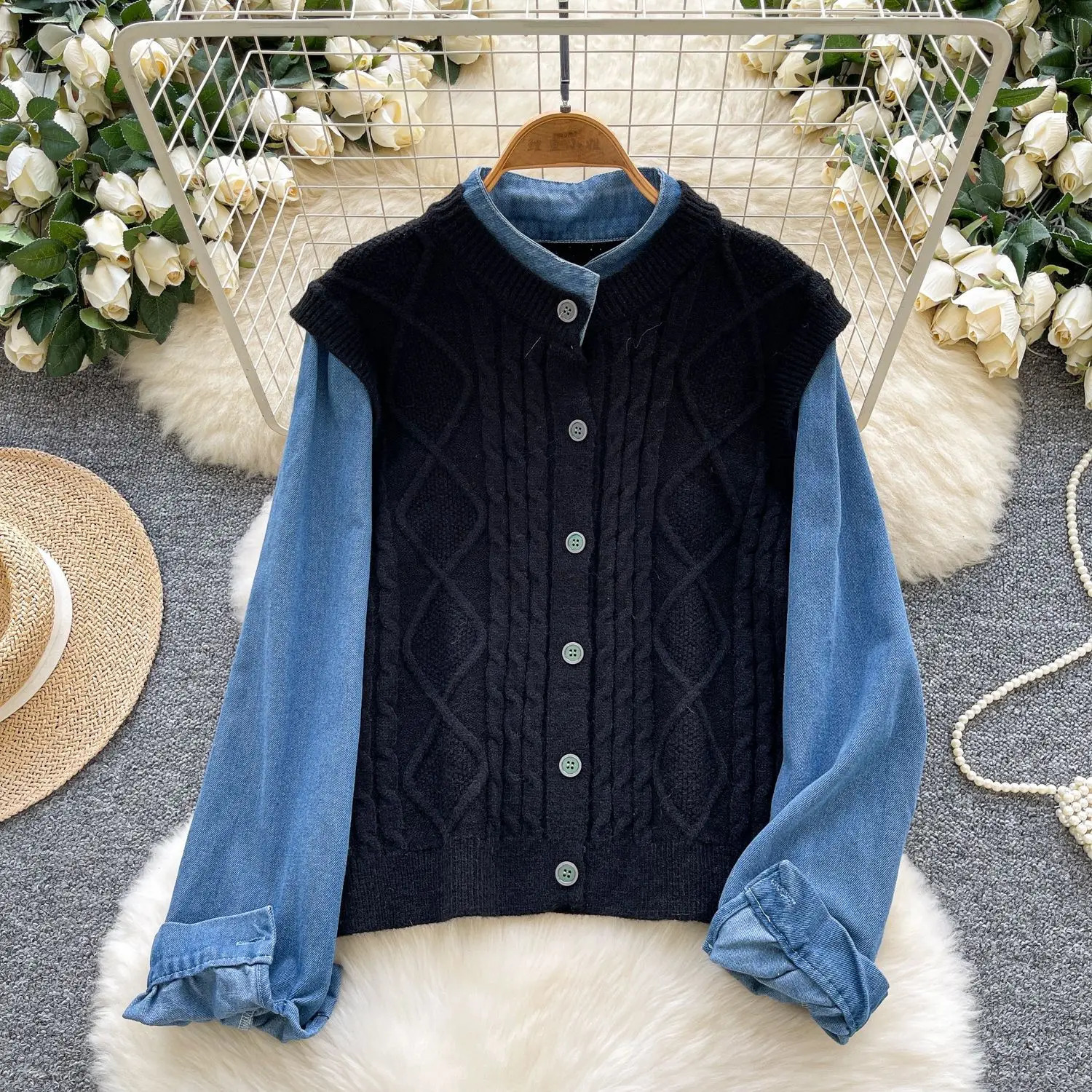 Cardigan Women Sweaters Coats Two s Jackets Full Sleeve Jumpers Y2k Streetwear Elegant Knit Denim Splice Autumn Winter 251029