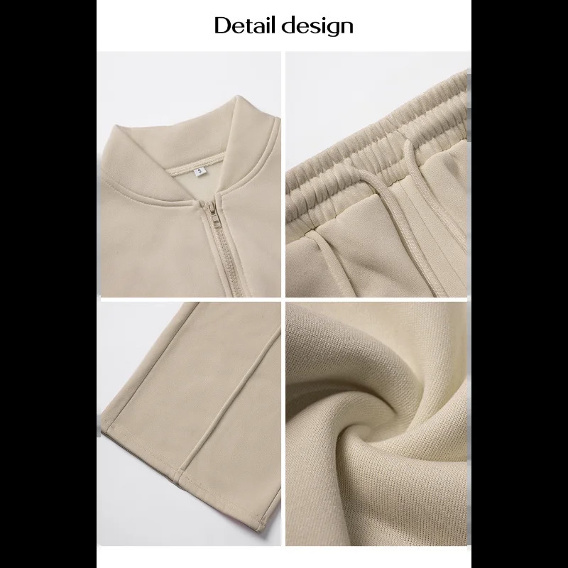 Womens Zipper Pocket Cardigan Sporty Style Long Sleeve Jacket Solid Color Long Trousers Set 251029