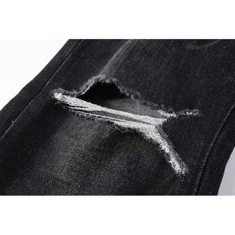 American Boys Students School High Street Scratched Moustache Black Damaged Holes Slight Stretch Skinny Button Fly Ripped Jeans J251030