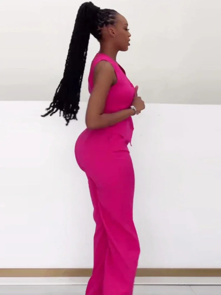 Fashion Two Piece Set Office Lady Outfits Womens Set Solid Color Sleeveless Button Fly Vest Shirt and Wide Leg Pants Set 251029