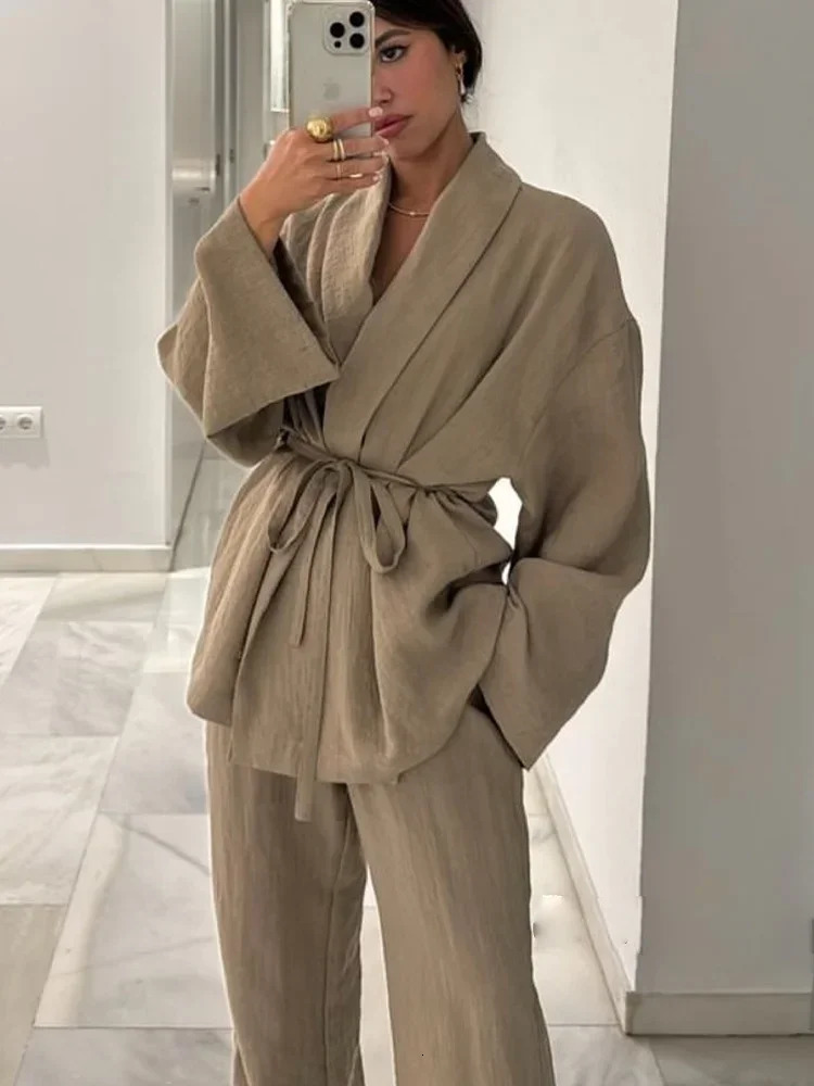 PRINTKAOIR Womens Kimono Style Solid Suit Long Sleeve 2Piece Set with Deep V Lapel And Pants Casual Outerwear for Fall 251029