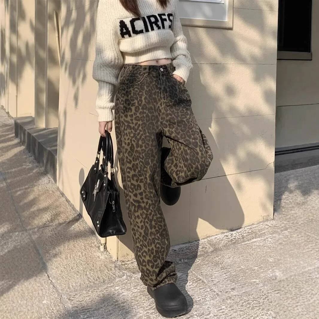winter jacket women Retro Leopard Print High Waist Wide Leg Jeans Women's Spring Autumn New Loose Extended Straight Floor-Length Trendy Pants