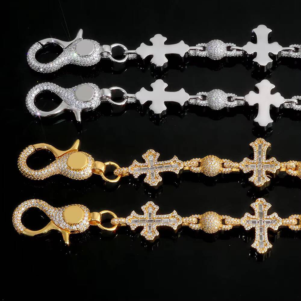 NUOYA Iced Out moissanite Pants Chain 18MM Silver Plated Cross Round Bead Design Bling Diamond Fine Jewelry Designer's style