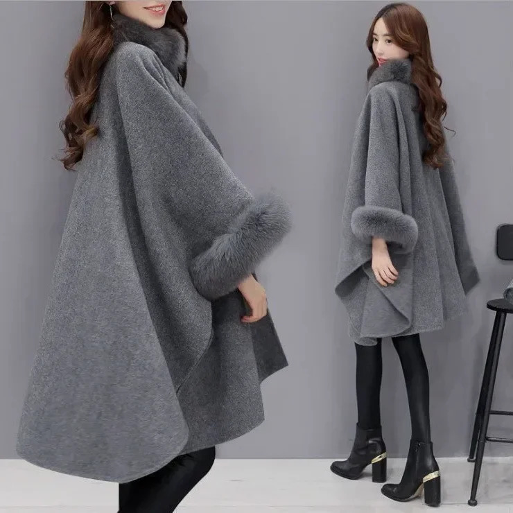 Winter Fashion Korean Version Fox Fur Collar in Long Woolen Bat Sleeves Coat Solid Color Temperament Cloak Cape Coat Women 251029