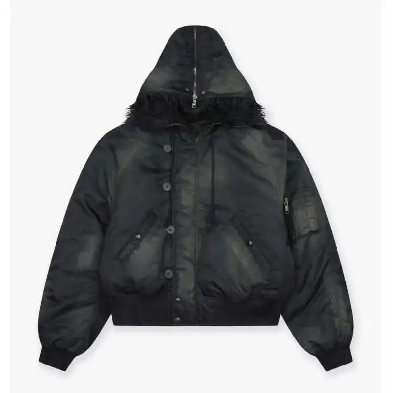 PFNW Winter Oversized Black Cottonpadded Coat Mens Trend Tiedye Print Fur Collar Zipper Hooded Quilted Padded Jackets 251028