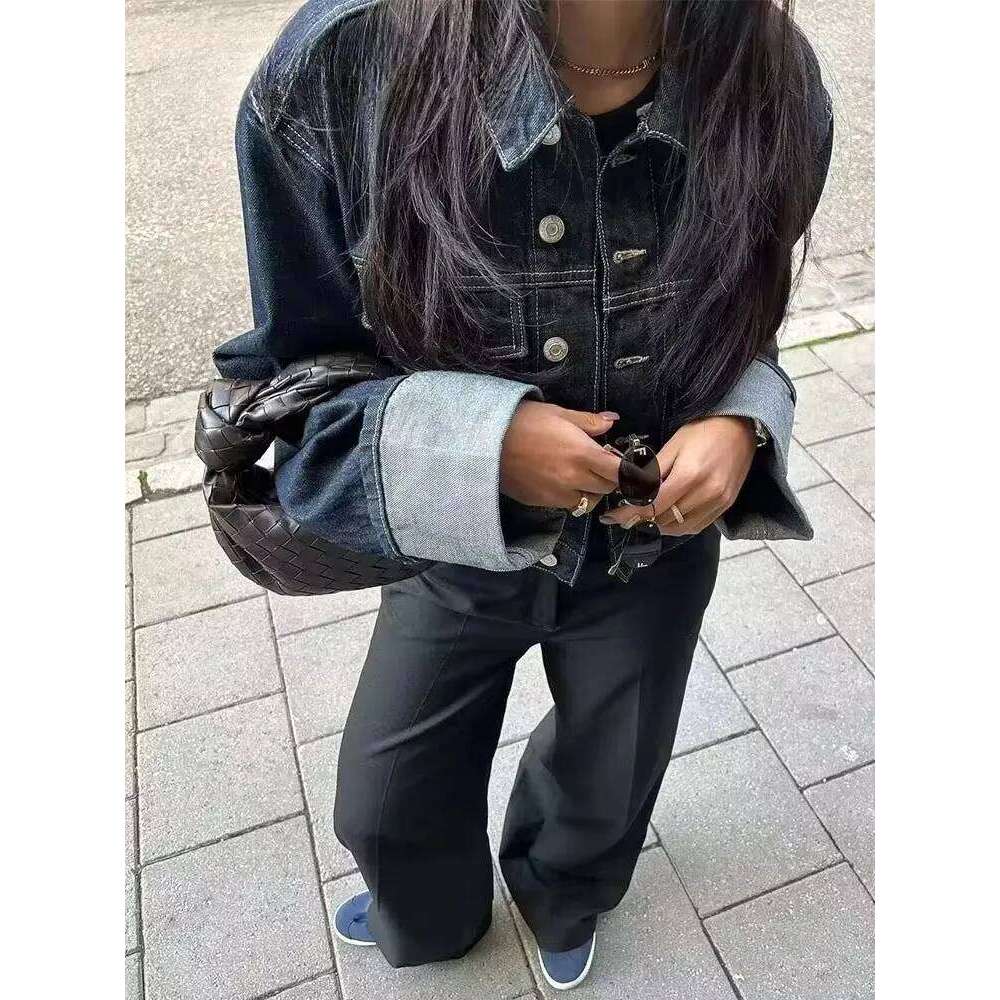 HH Women Vintage Denim Jacket Pant Sets Single Breasted Lapel Long Sleeve Coat Wide Leg Trousers Jeans High Street Outfits