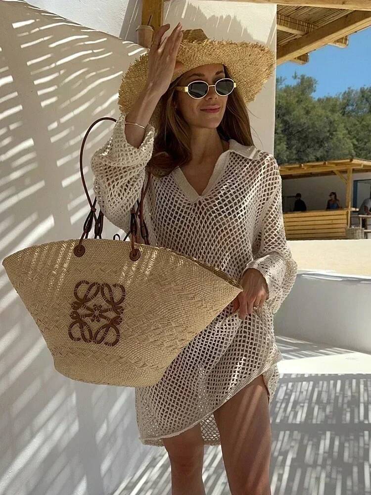 winter jacket women Solid Colour Beach Knit Midi Dress Women's Summer Sexy Hollow Out Long Sleeve Boho Holiday Loose Beachwear Dresses K17