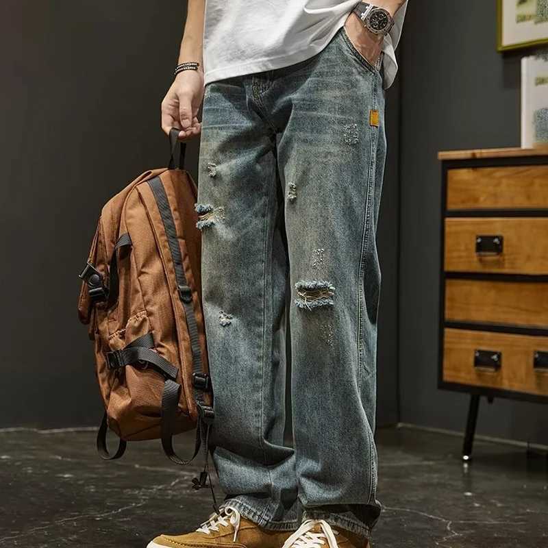 Korean Version Ripped Jeans MenS Autumn New Retro Casual Pants High Street Loose Straight Leg Pants J251030