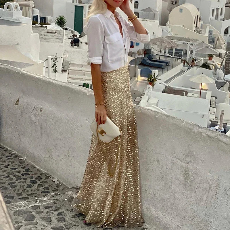 Women Fashion Shiny Sequin Long Skirts Elegant High Waist Pleated Solid Color Party Skirt Spring Autumn Casual Slim Beach Skirts 251028