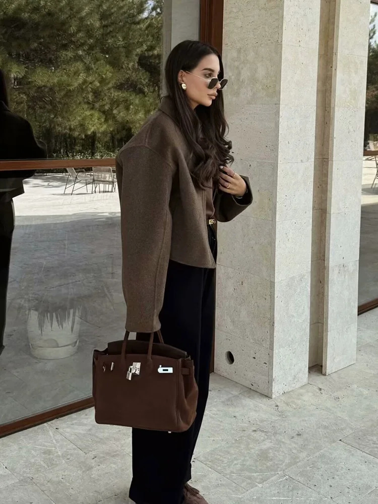 Womens Wide Solid Colour Zip T Jacket Fashion Style Basic Lapel Long Sleeve Coat Tops 251027