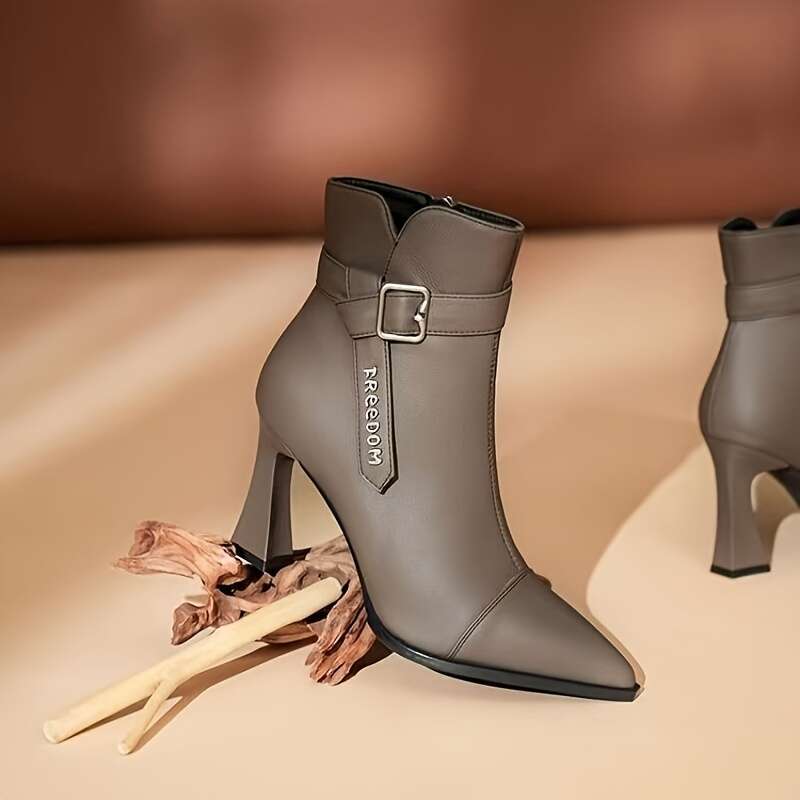 Women's Pointed Toe Short With Back Zipper & Buckle Closure Thick Platform High Heel 1.57-1.97Inch Tapered Block Heels, PU Round-Toe-Like, Warm -