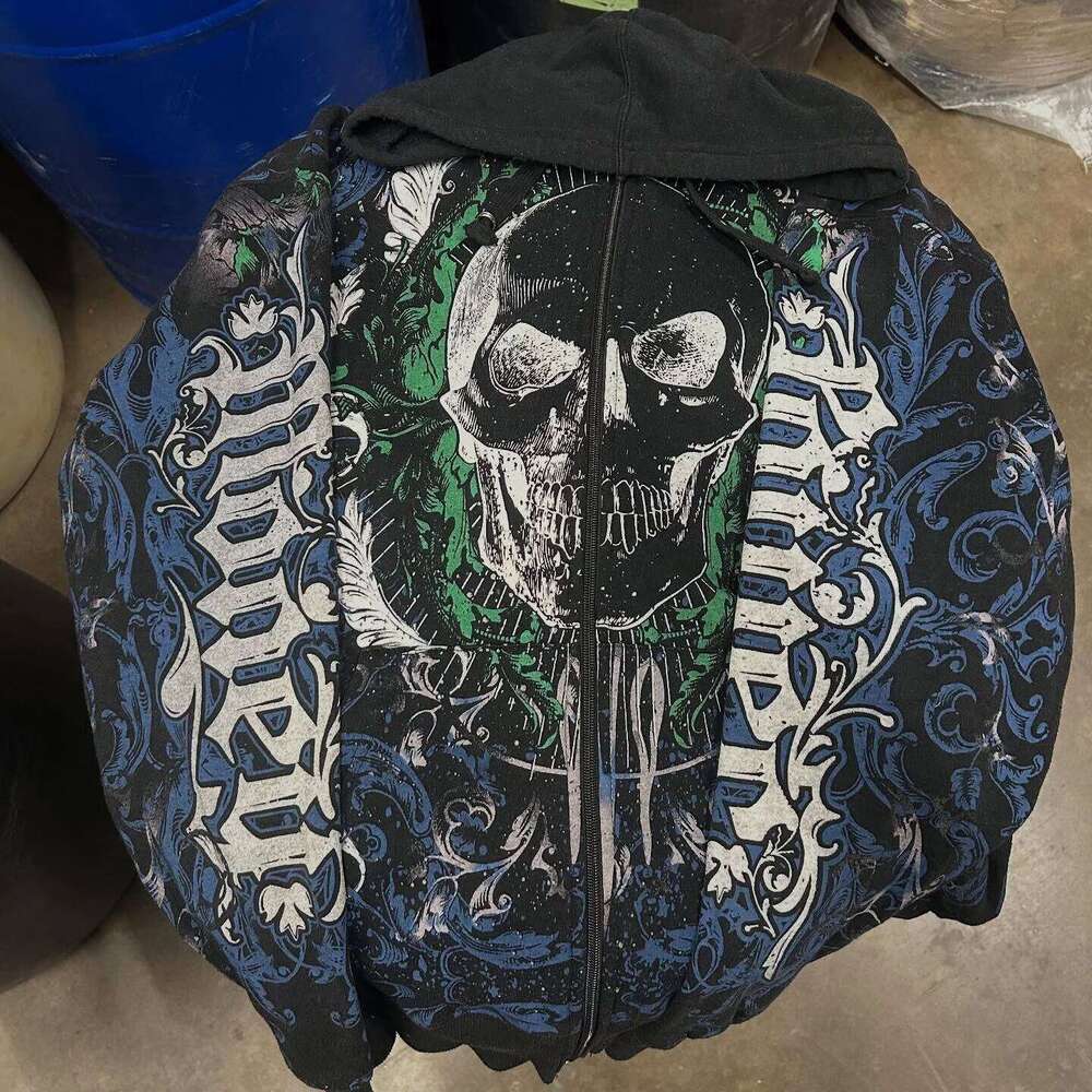 Blue Green American Vintage Hoodie Gothic Skull High Street Oversized Unisex Streetwear Pullover Casual Baggy Sleeve Sweatshirt