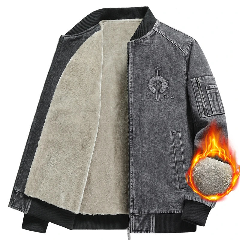 Retro Men Cargo Denim Jacket Autumn Winter Embroidered Plus Velvet Fashion Casual Male Coat Warm Trend Versatile Top Clothes 251023