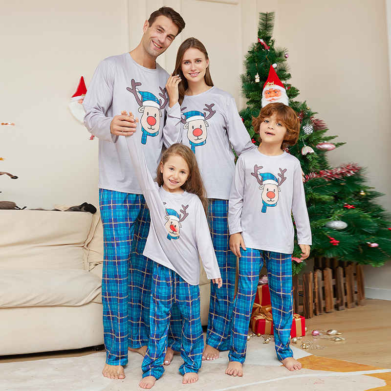 Cartoon Deer Head Blue Plaid Round Neck Long Sleeve ParentChild Family Pajamas Set 251030