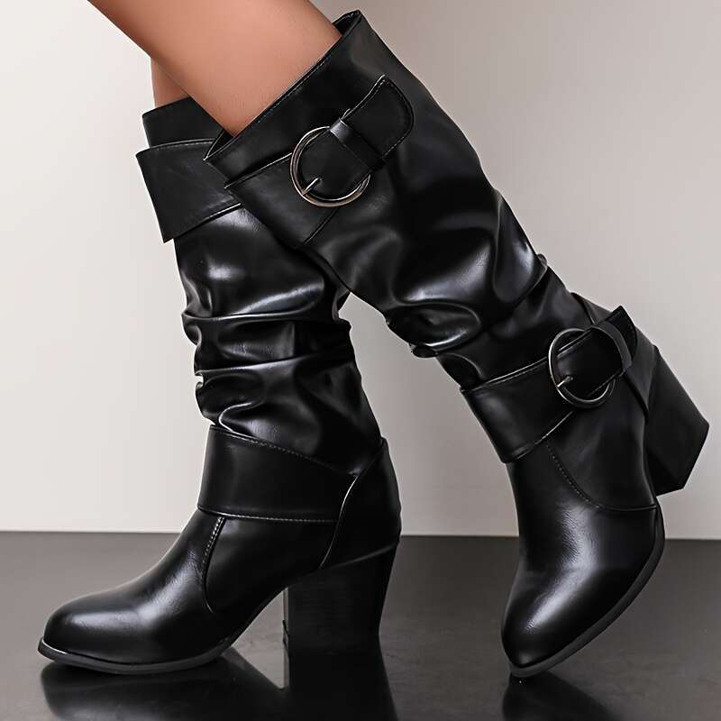 New European American Thick-Heeled High-Top Fashionable With Belt Buckle, Knee-High Long Boots For Women, Spring, Autumn And Winter