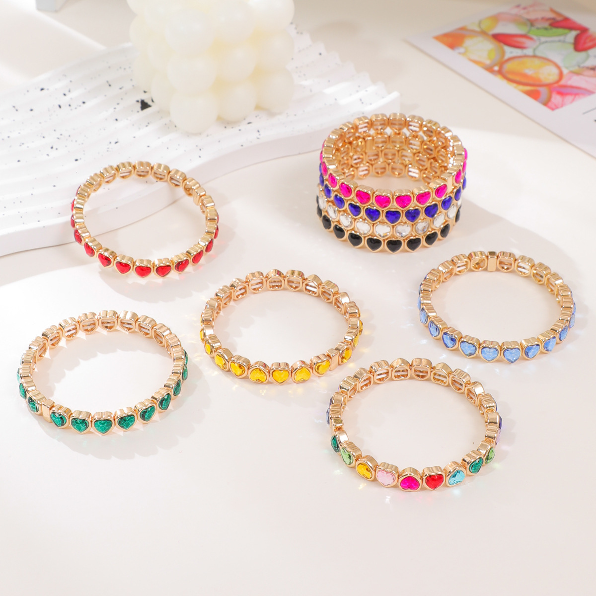 Gold Color Love Bangle For Women Rhinestone Peach Elastic Bangle 250626