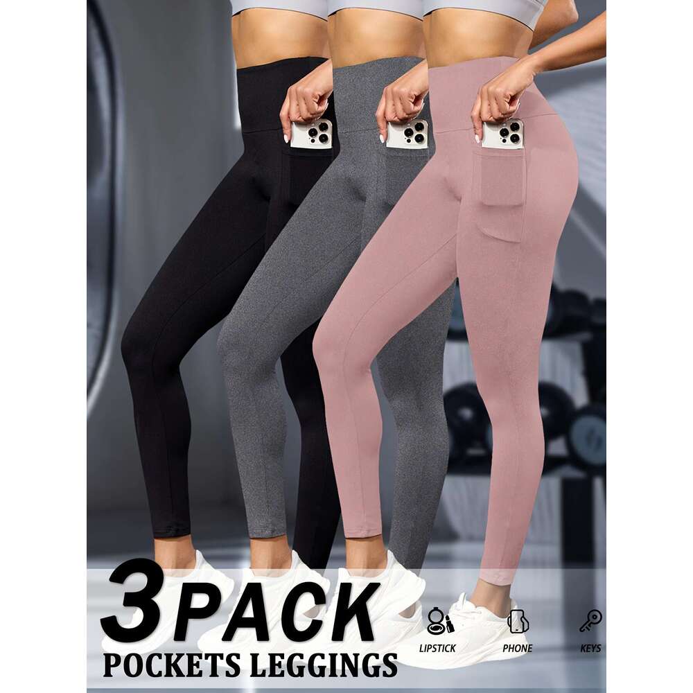 3 Pack Women's High Waisted Tummy Control Leggings with Pockets - Super Soft Stretchy Yoga Running Pants, Solid Black All-Season hine Washable, W