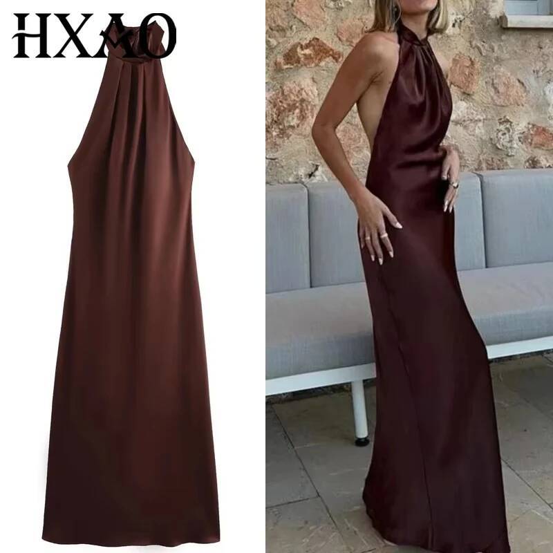 winter jacket women HXAO Halter Satin Long Women Tied Backless Brown Midi Summer Off Shoulder Party Dresses Pleated Evening Dress
