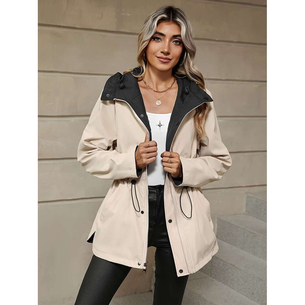 Long Sleeve Double Sided Drawstring Waist Hooded Jacket With Zip Up Button Front And Pocket Casual Women S Clothing