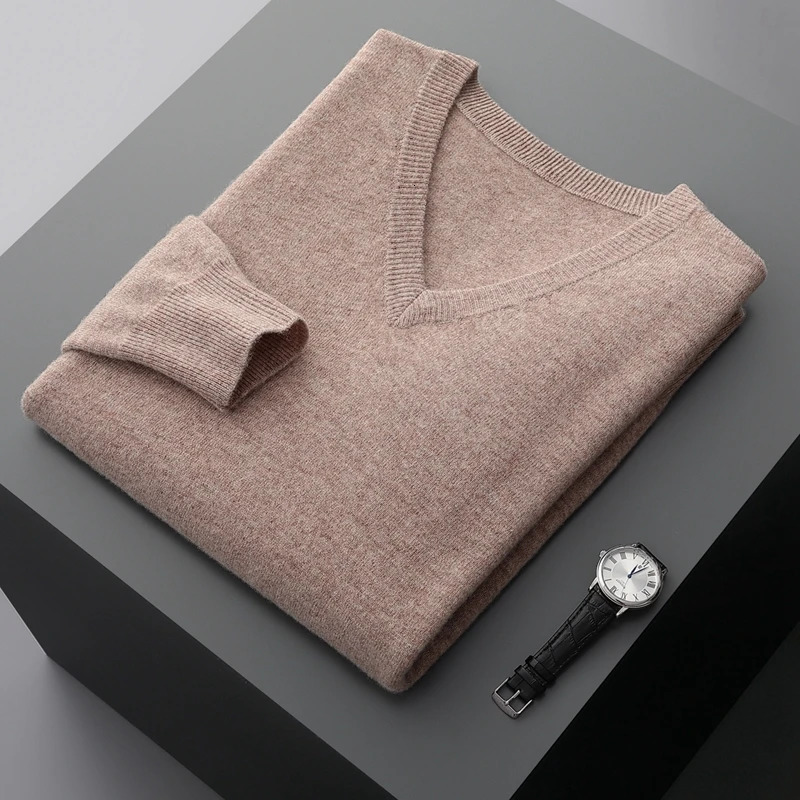 Autumn And Winter Mens VNeck Cashmere Loose Thickened Solid Color Wool Knitted Bottoming Shirt Business Casual Sweater 251029