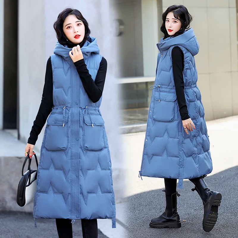 Autumn Winter Hooded Korean Version Womens Down Cotton Vest Coat Sleeveless Over The Knee Loose Lady Waistcoat Jacket 251024