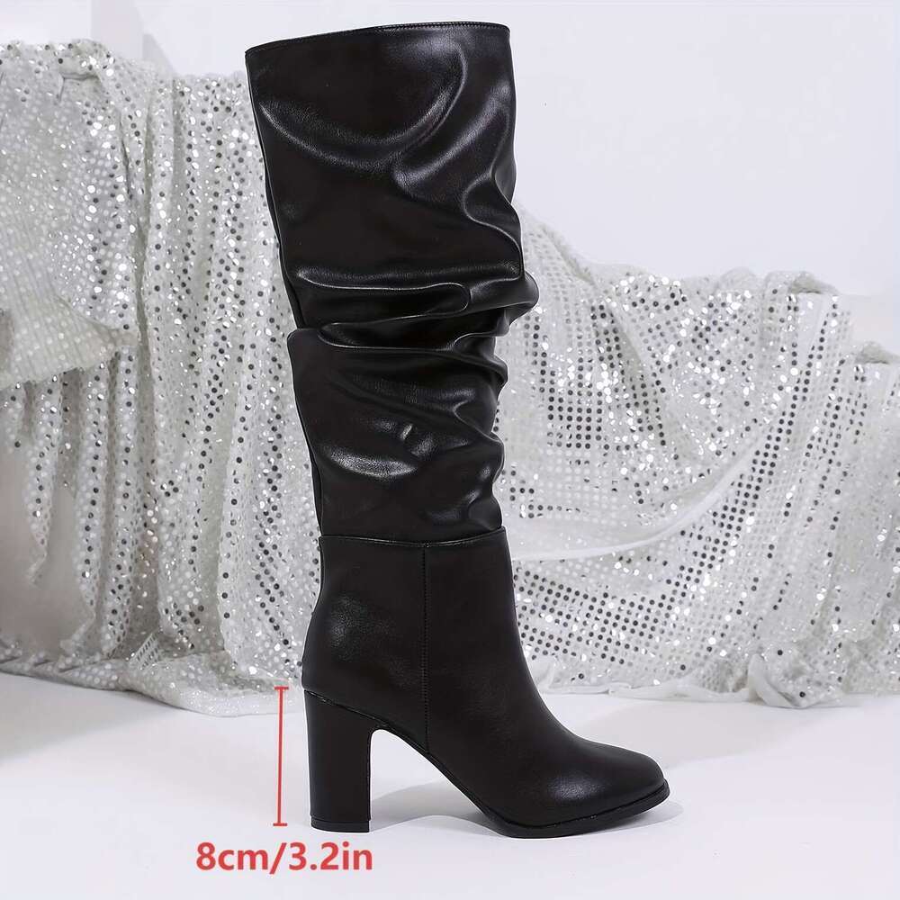 Women's Black Ruched Chunky Ankle Boots - Slip-On Faux Cover Dress Shoes With Fabric Lining Rubber Sole, All-Season Versatile For Casual & Outfit