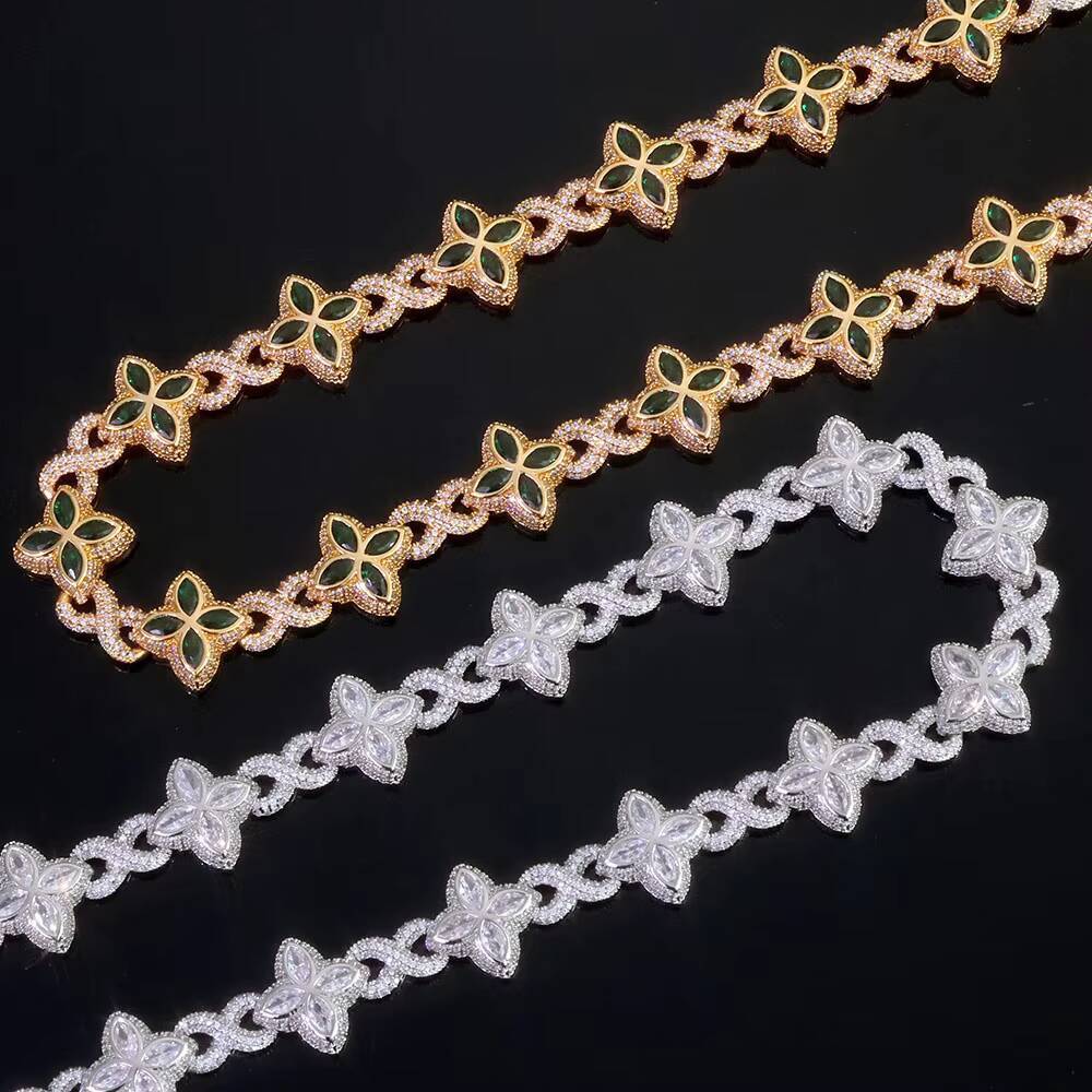 NUOYA Luxury Silver Plated Cuban Pants Chain Iced Out Flower Cross Four Leaf Clover Infinity Design Diamond Hip Hop Jewelry Designer's style