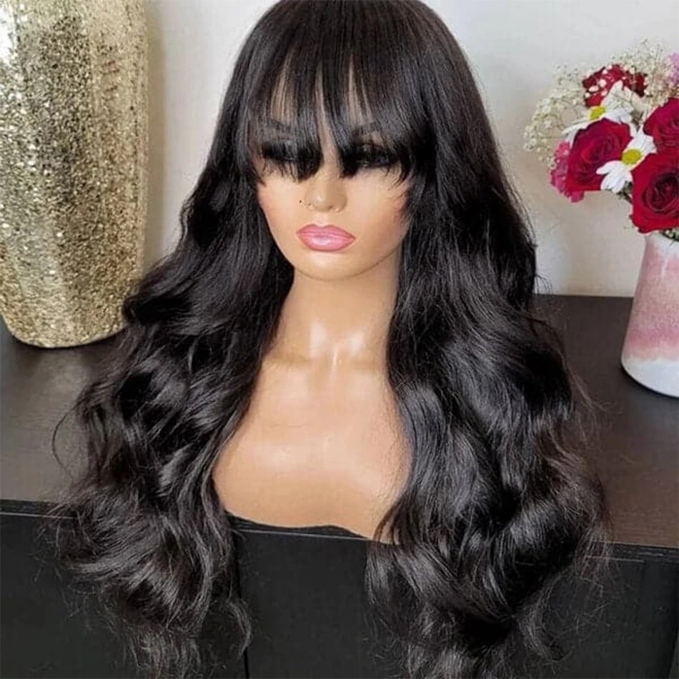Natural Black Human Hair Wig with Bangs 30 Inch 13x4 Body Wave Wigs For Women Loose Wave Wig Pre Plucked Pre Cut Pre Bleached Glueless Wig