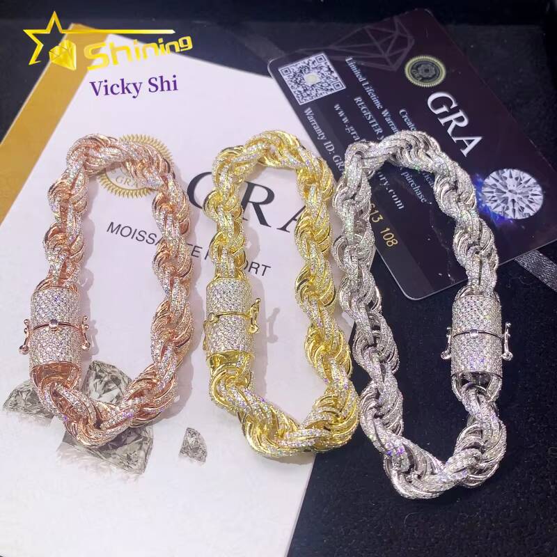 Moissanite Hip Hop Jewelry Gold Plated 6MM10MM VVS Moissanite Rope Chain S925 Silver Men Moissanite Bracelet