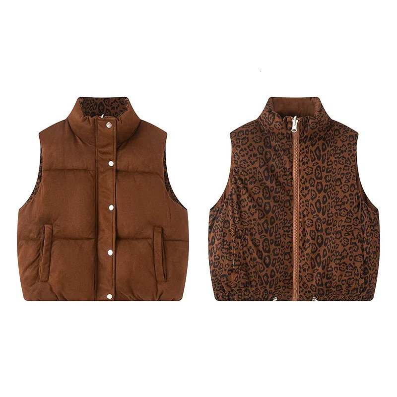 Autumn Winter Women Vest Fashion Wear On Both Sides Vintage Leopard Print Down Vests Coats Casual High Street Waistcoat Tops 251024