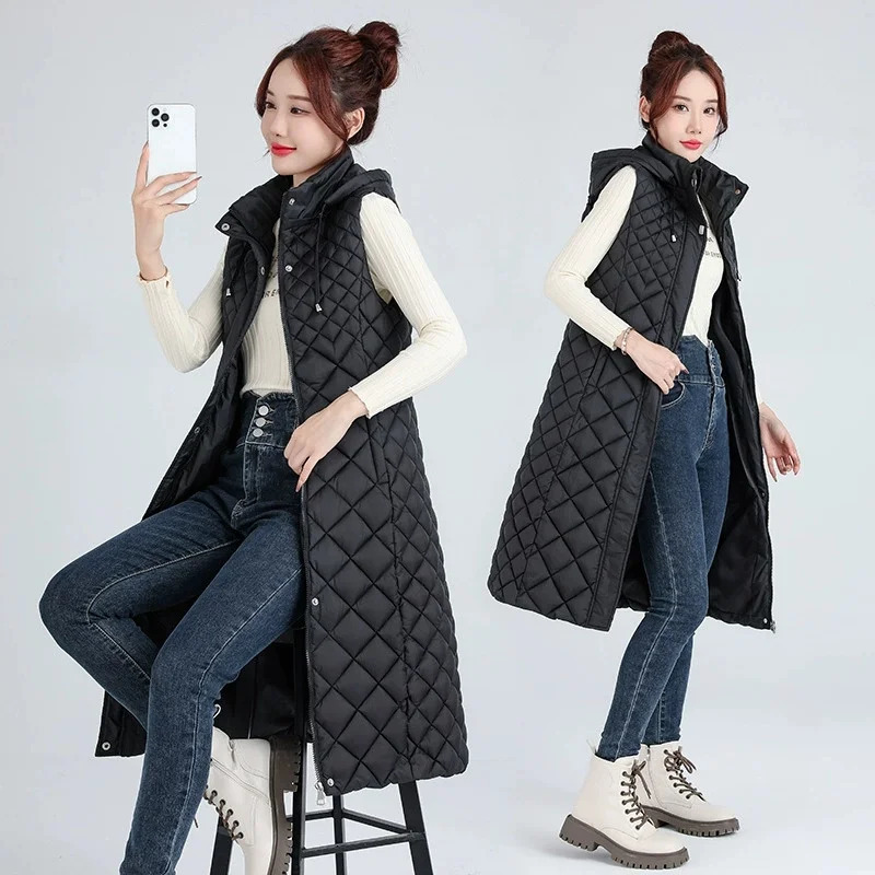 Women Autumn Winter Jacket Mid Long Down Cotton Vest Coat Hooded Windproof Female Waistcoat Sleeveless Jacket Chaleco Mujer 251024