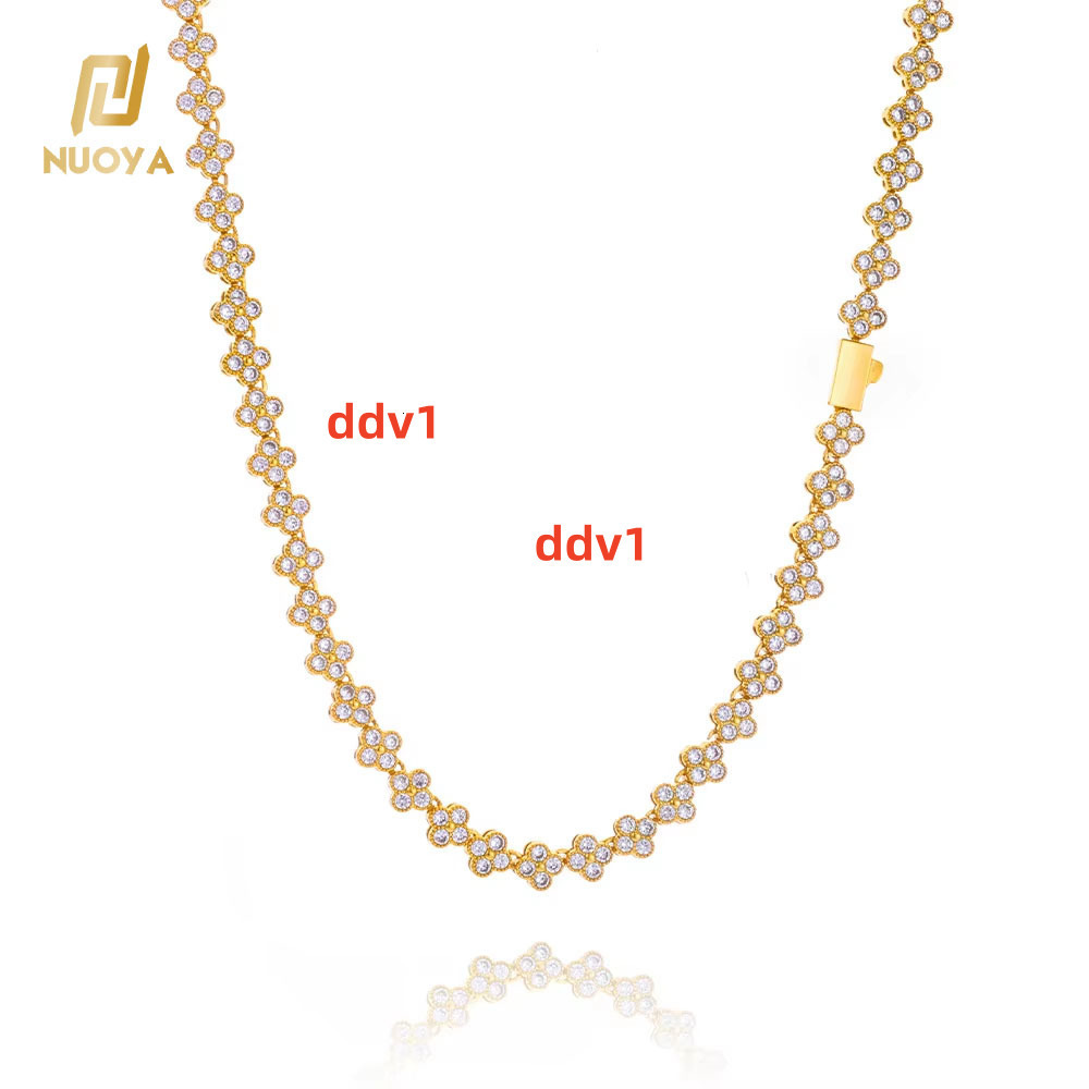 NUOYA Womens Gold Plated Diamond Chain Necklace Four Leaf Clover Plum Blossom Shiny moissanite Hip Hop Jewelry Designer's style