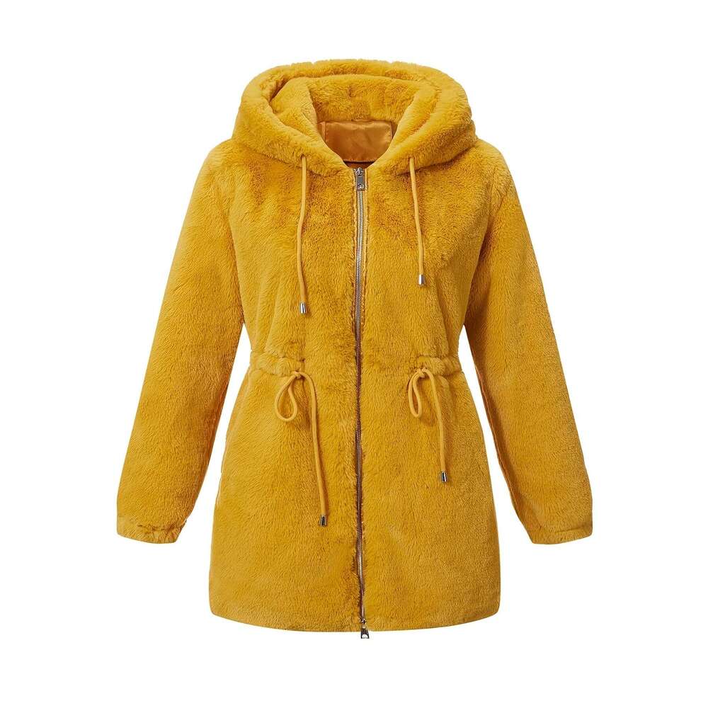 Women S Elegant Cream Faux Fur Hooded Jacket Casual Fall Winter Outerwear With Drawstring Waist And Zipper Pockets