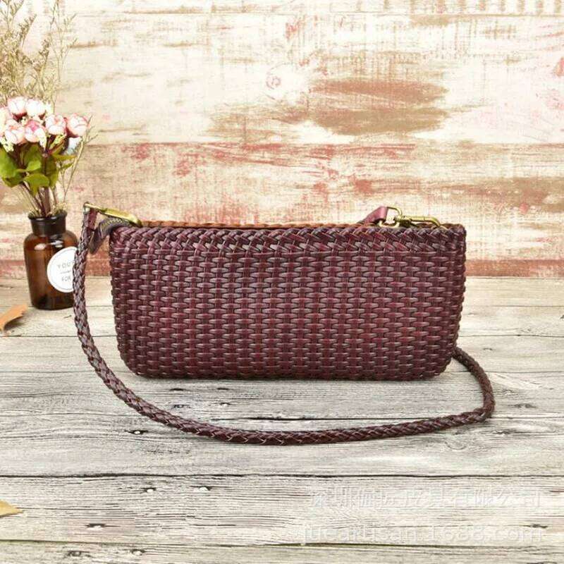Leather Woven Handbags First Layer Cowhide Clutch Shoulder Messenger Small Bag