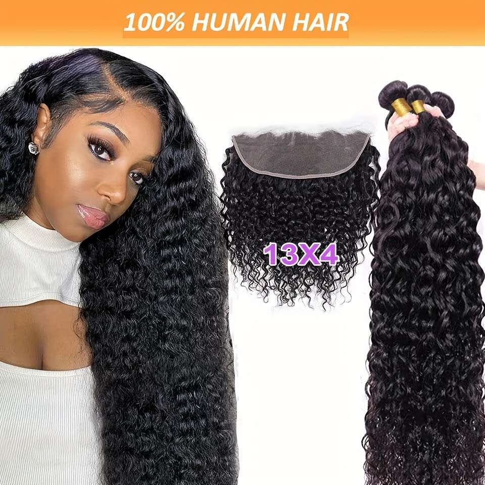 Brazilian Virgin Human Hair Deep Wave Bundles With 13X4 Transparent Lace Frontal Closure