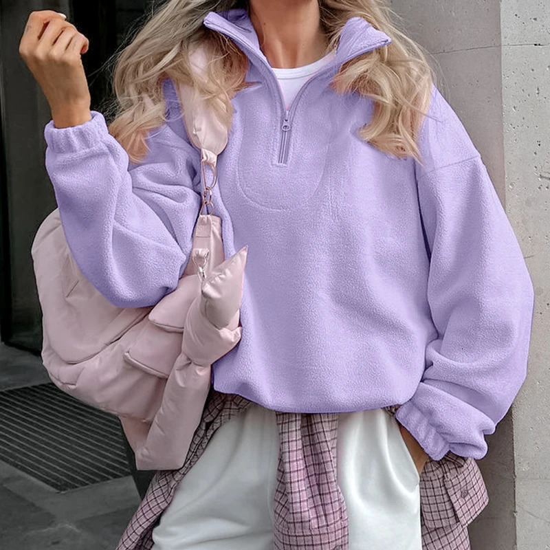 Pink Winter Lamb Fleece Hoodie Women Casual Loose Thick Zipper Long Sleeve Lapel Pullover Top Lady Hoodies Streetwear KPOP 251030